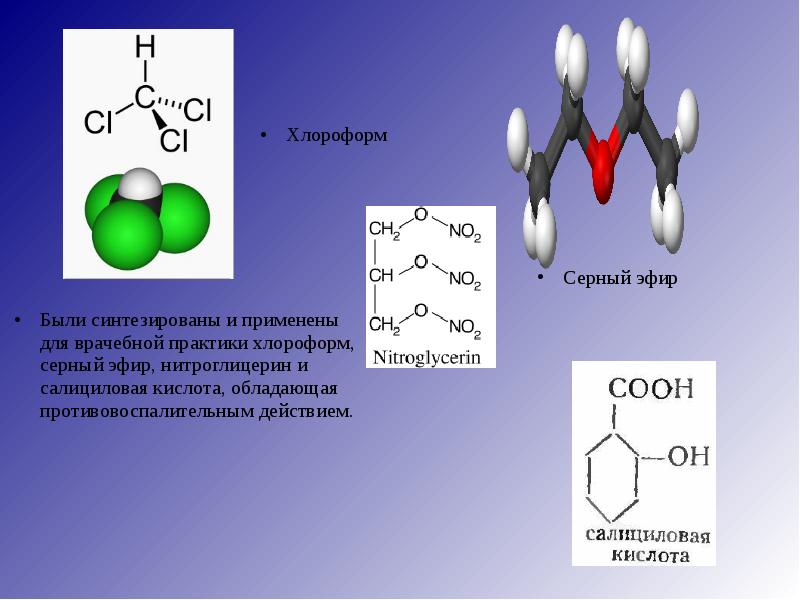 Были синтезированы и применены для врачебной практики хлороформ, серный эфи...