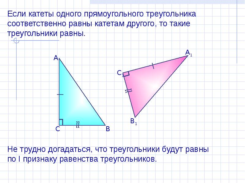 Если катеты одного прямоугольного треугольника соответственно равны катетам другого то такие рисунок