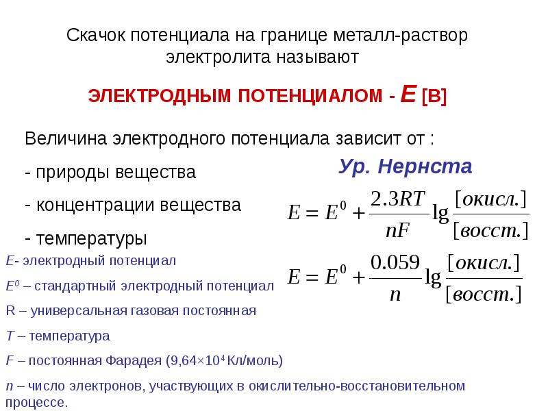 Окислительно восстановительные процессы. Величина электродного потенциала зависит от. От чего зависит величина стандартного электродного потенциала. Скачок потенциала на границе металл-раствор. Величина электродного потенциала не зависит от.