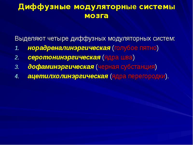 Диффузная функция. Диффузные модуляторные системы мозга. Ядра шва функции. Модуляторные системы среднего мозга. Голубое пятно функции.