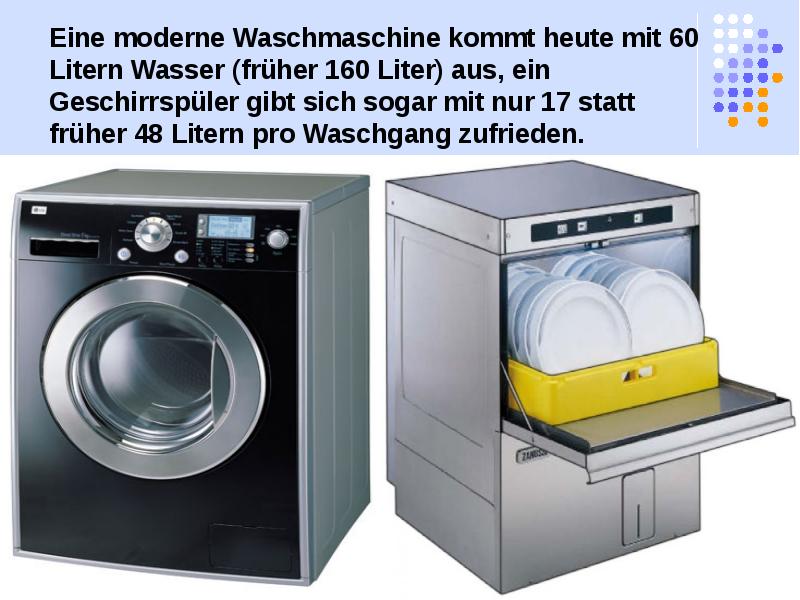 Eine moderne Waschmaschine kommt heute mit 60 Litern Wasser (früher 160