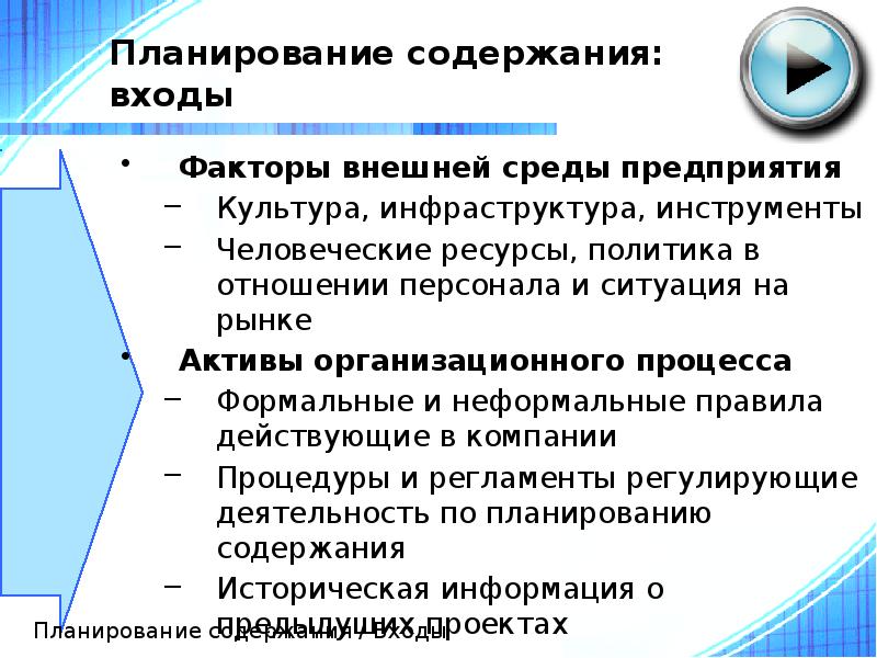 Планирование содержания: входы
Факторы внешней среды предприятия
Культура, инфраструктура, инструменты
Человеческие Планирование содержания: входы
Факторы внешней среды предприятия
Культура, инфраструктура, инструменты
Человеческие
