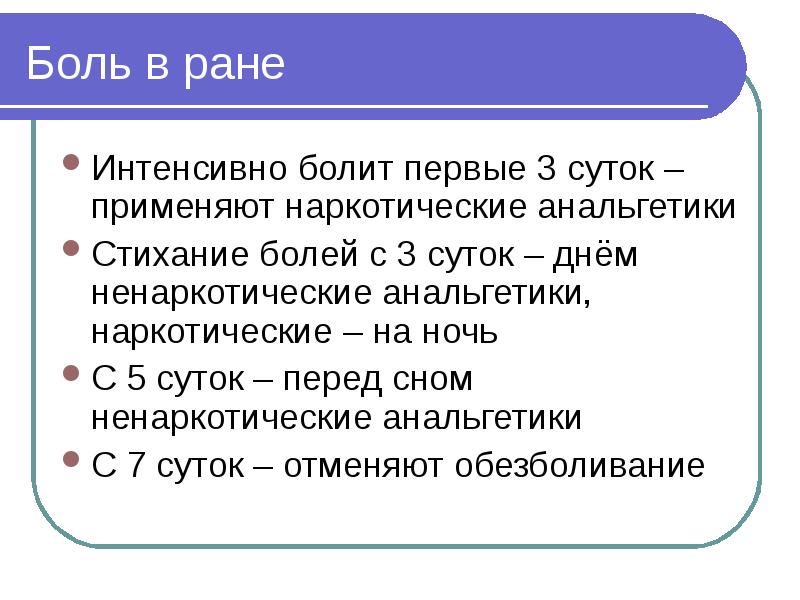 Боль в ране Интенсивно болит первые 3 суток – применяют наркотические