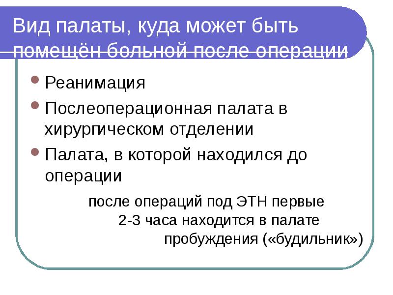 Вид палаты, куда может быть помещён больной после операции Реанимация Послеоперационная