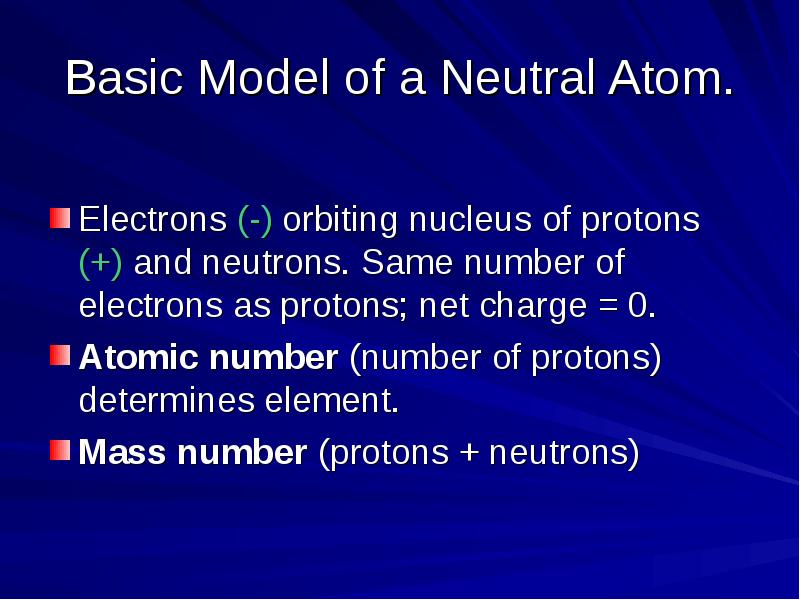 Basic Model of a Neutral Atom. Electrons (-) orbiting nucleus of