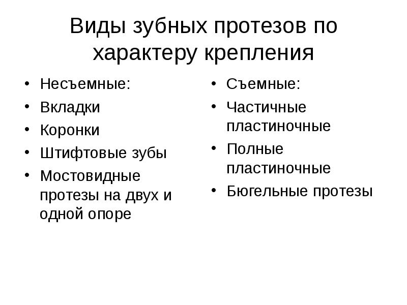 Виды зубных протезов по характеру крепления Несъемные: Вкладки Коронки Штифтовые зубы