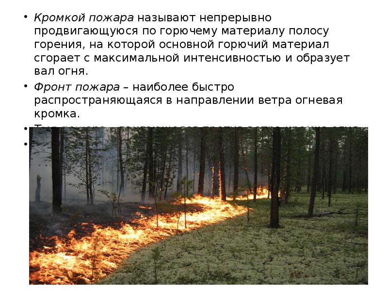 Кромкой пожара называют непрерывно продвигающуюся по горючему материалу полосу горения, на