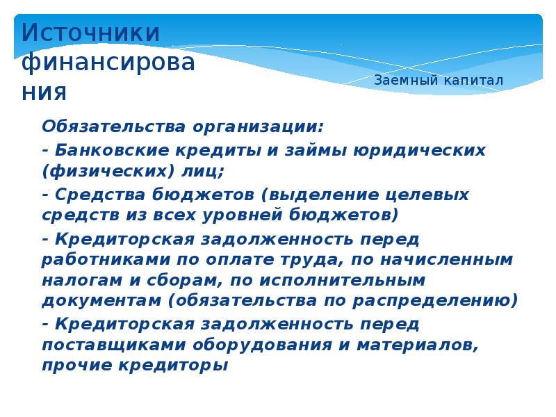 Источники финансирования
Заемный капитал Источники финансирования
Заемный капитал