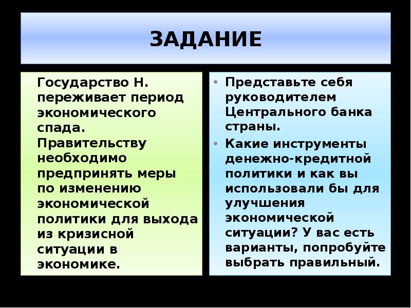 Ситуация в государстве. Меры экономической политики. Государство н переживает период экономического спада. Меры государства в условиях кризиса и спада производства. Меры по изменению экономической политики для выхода из кризисной.