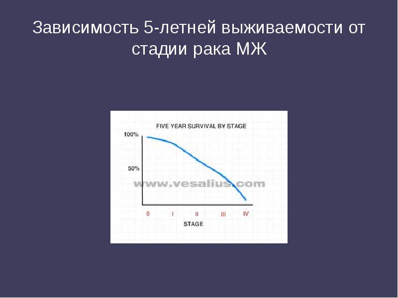 Зависимость 5-летней выживаемости от стадии рака МЖ Зависимость 5-летней выживаемости от стадии рака МЖ