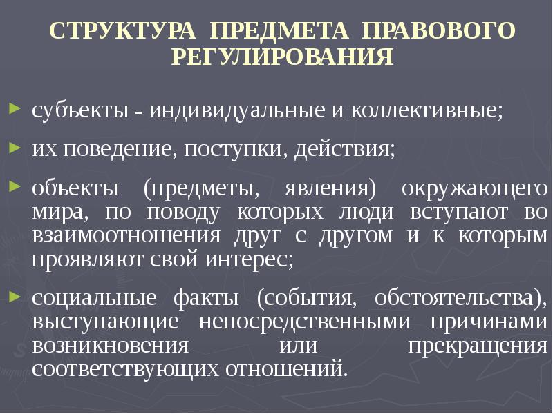 СТРУКТУРА ПРЕДМЕТА ПРАВОВОГО РЕГУЛИРОВАНИЯ
субъекты – индивидуальные и коллективные;
их поведение, СТРУКТУРА ПРЕДМЕТА ПРАВОВОГО РЕГУЛИРОВАНИЯ
субъекты – индивидуальные и коллективные;
их поведение,