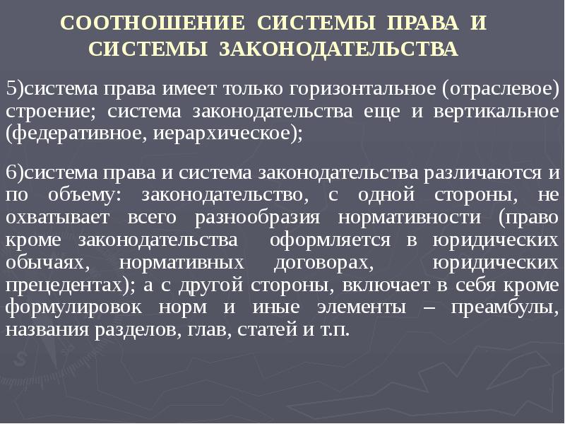СООТНОШЕНИЕ СИСТЕМЫ ПРАВА И СИСТЕМЫ ЗАКОНОДАТЕЛЬСТВА
5)система права имеет только горизонтальное СООТНОШЕНИЕ СИСТЕМЫ ПРАВА И СИСТЕМЫ ЗАКОНОДАТЕЛЬСТВА
5)система права имеет только горизонтальное