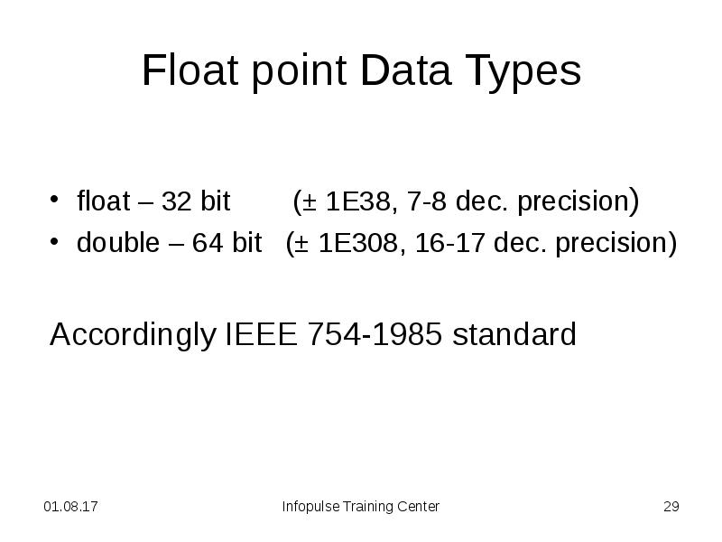 Float point Data Types
float – 32 bit Float point Data Types
float – 32 bit