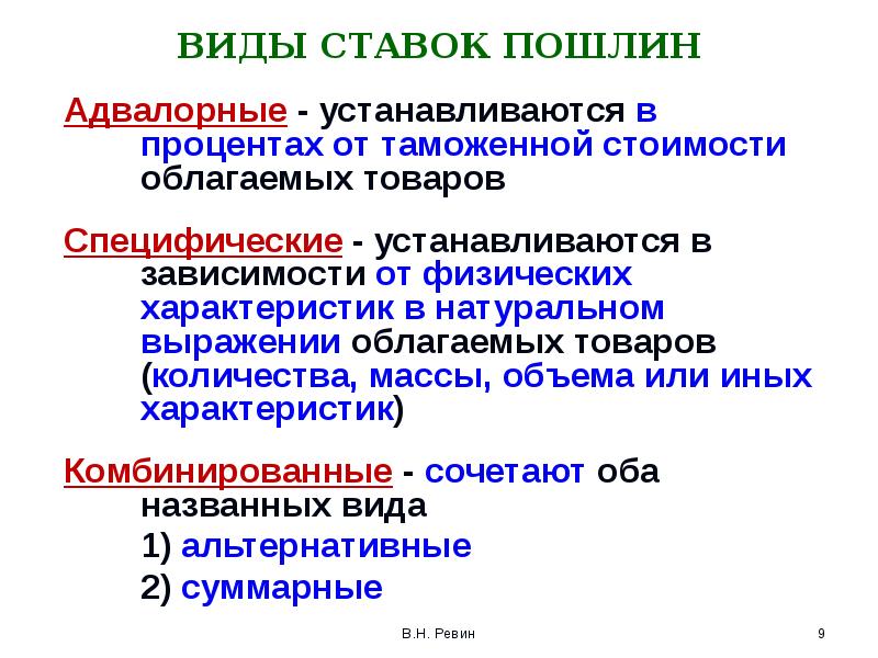 ВИДЫ СТАВОК ПОШЛИН Адвалорные - устанавливаются в процентах от таможенной стоимости