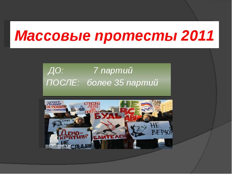 Массовые протесты 2011
ДО: 7 партий
Массовые протесты 2011
ДО: 7 партий