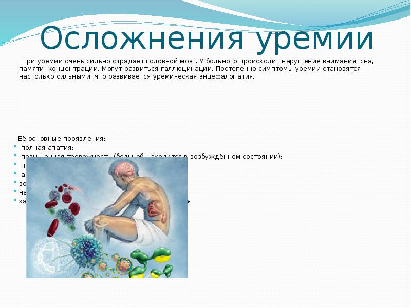 Осложнения уремии
При уремии очень сильно страдает головной мозг. Осложнения уремии
При уремии очень сильно страдает головной мозг.