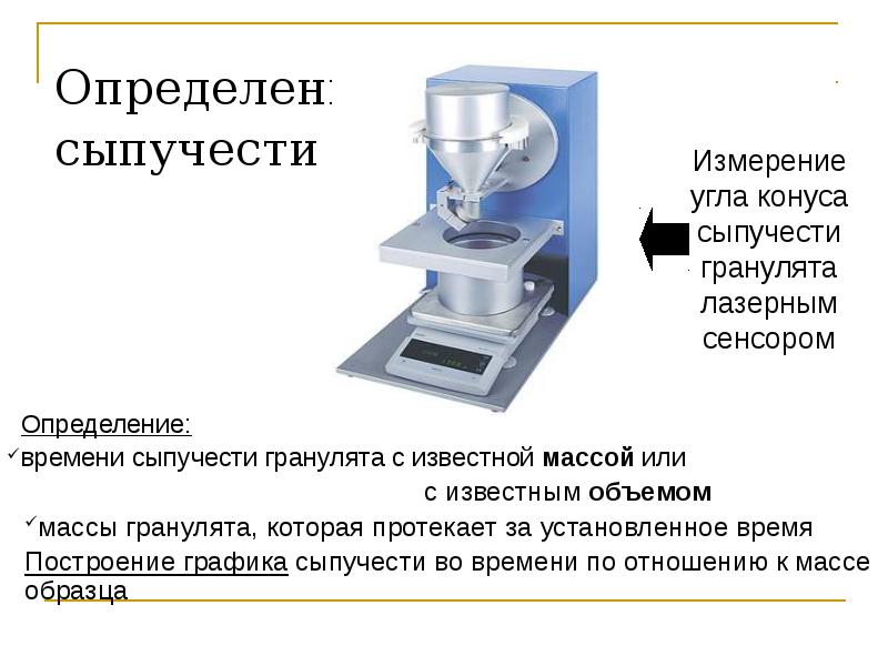 Определение сыпучести
Определение:
времени сыпучести гранулята с известной Определение сыпучести
Определение:
времени сыпучести гранулята с известной