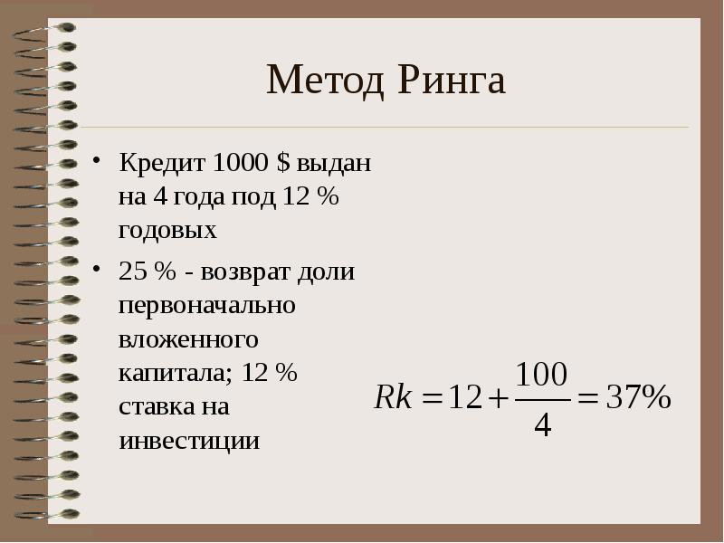 Кредит 12 9. Метод ринга. Метод ринга ставка капитализации. Норма возврата метод ринга. Ставка возмещения капитала.