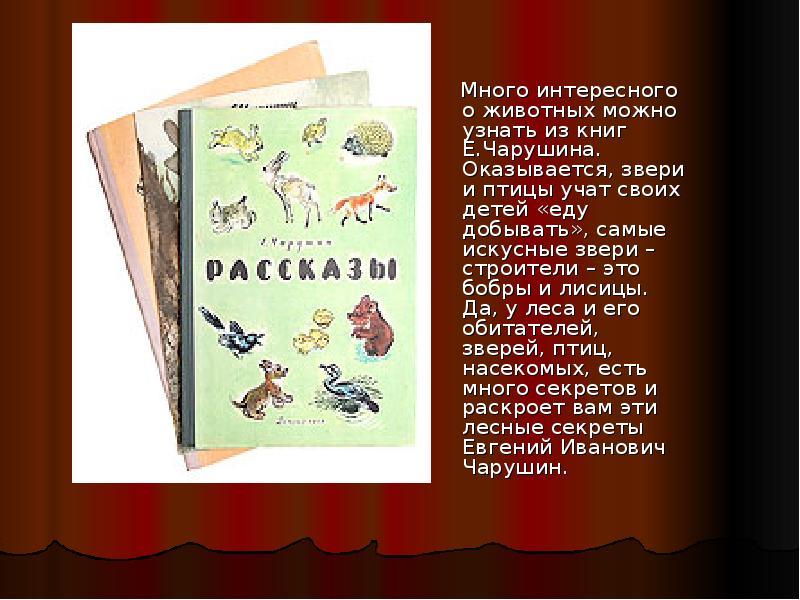 Много интересного о животных можно узнать из книг Е.Чарушина.</p>
<p> Оказывается, звери