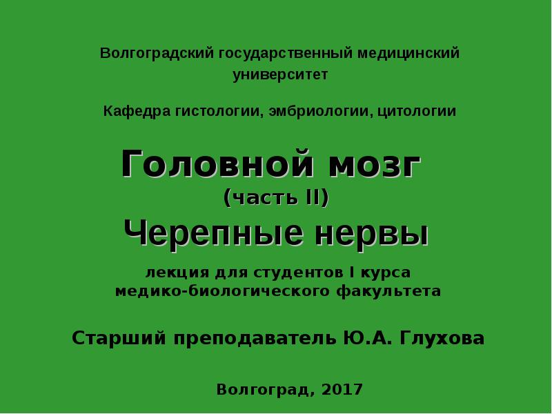 Волгоградский государственный медицинский университет Кафедра гистологии, эмбриологии, цитологии
Головной Волгоградский государственный медицинский университет Кафедра гистологии, эмбриологии, цитологии
Головной