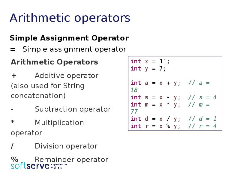 Arithmetic operators
Simple Assignment Operator
= Simple assignment operator Arithmetic operators
Simple Assignment Operator
= Simple assignment operator