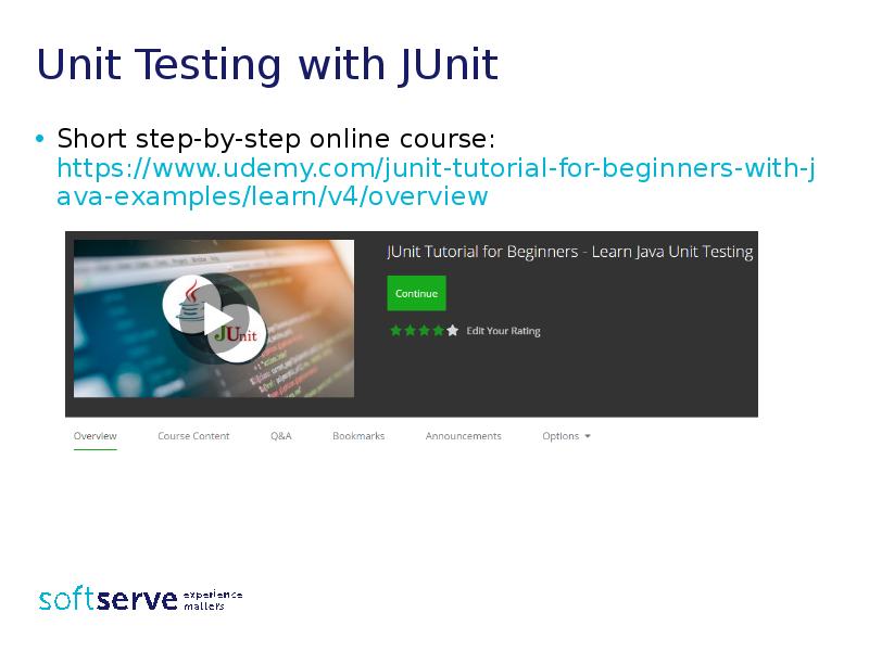 Unit Testing with JUnit
Short step-by-step online course: https://www.udemy.com/junit-tutorial-for-beginners-with-java-examples/learn/v4/overview Unit Testing with JUnit
Short step-by-step online course: https://www.udemy.com/junit-tutorial-for-beginners-with-java-examples/learn/v4/overview
