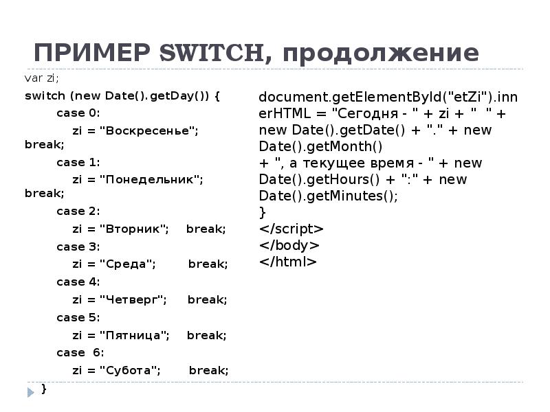 ПРИМЕР SWITCH, продолжение var zi; switch (new Date().getDay()) {  