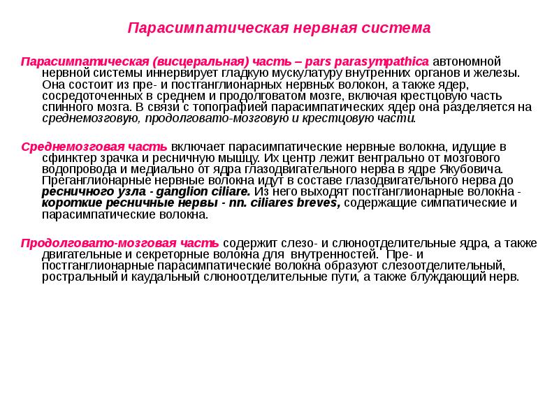 Парасимпатическая нервная система Парасимпатическая нервная система  Парасимпатическая (висцеральная) часть –