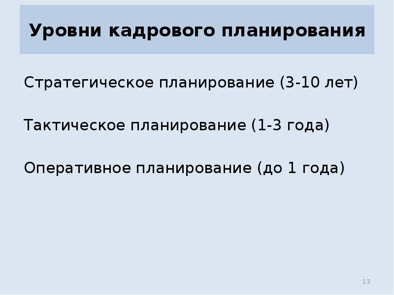 Уровни кадрового планирования
Стратегическое планирование (3-10 лет)
Тактическое планирование (1-3 года)
Уровни кадрового планирования
Стратегическое планирование (3-10 лет)
Тактическое планирование (1-3 года)