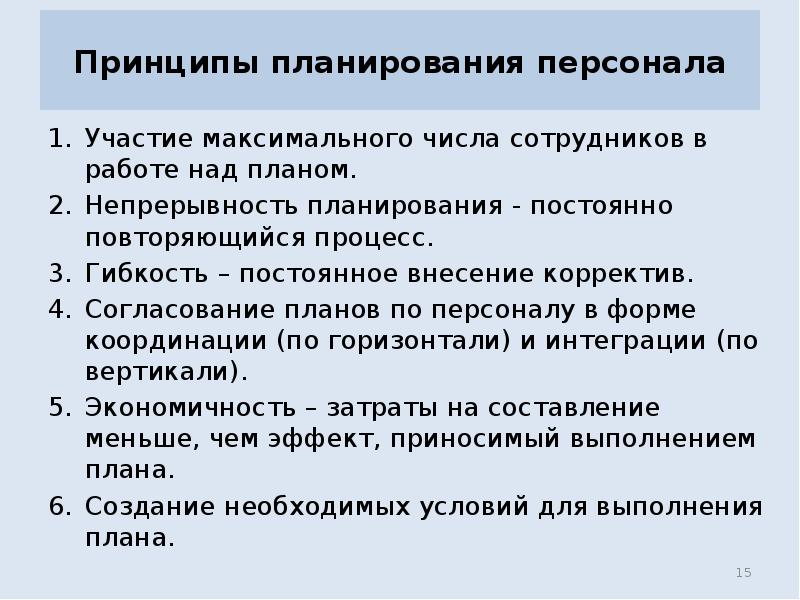 Принципы планирования персонала
Участие максимального числа сотрудников в работе над планом.
Принципы планирования персонала
Участие максимального числа сотрудников в работе над планом.