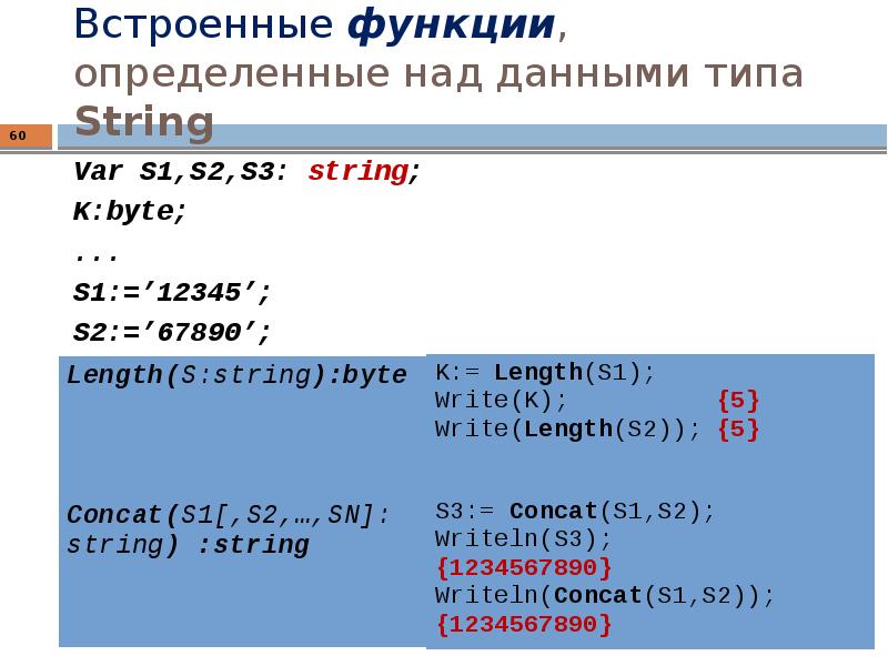 Встроенные функции, определенные над данными типа String
Var S1,S2,S3: string;
K:byte;
Встроенные функции, определенные над данными типа String
Var S1,S2,S3: string;
K:byte;