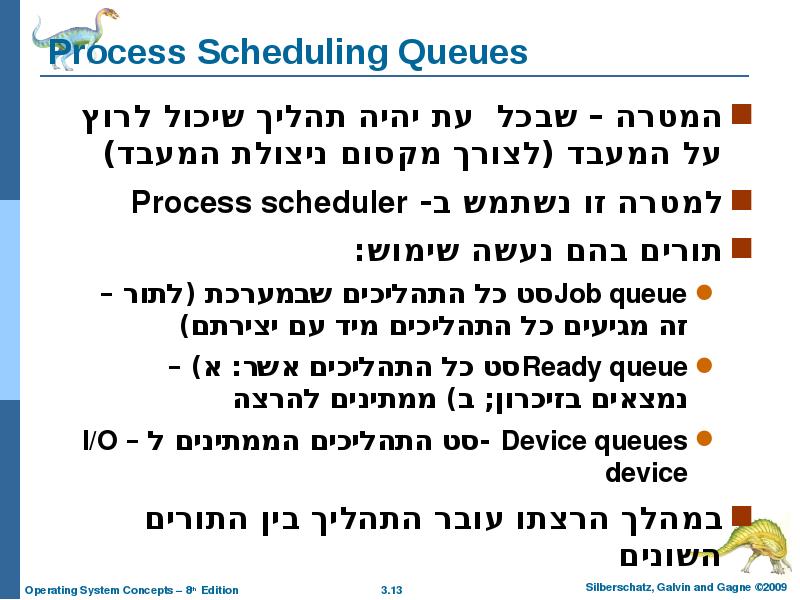 Process Scheduling Queues המטרה – שבכל עת יהיה תהליך שיכול לרוץ