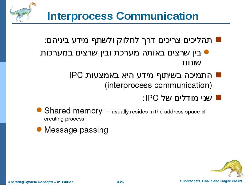 Interprocess Communication תהליכים צריכים דרך לחלוק ולשתף מידע ביניהם: בין שרצים