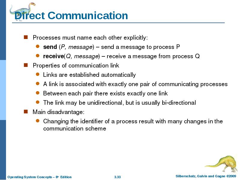 Direct Communication Processes must name each other explicitly: send (P, message)