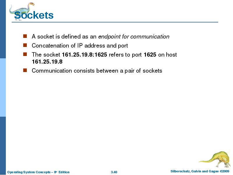 Sockets A socket is defined as an endpoint for communication Concatenation