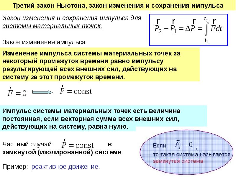 Реактивная сила движения. Закон сохранения импульса замкнутой системы материальных точек. Закон изменения и сохранения импульса системы материальных точек. Закон изменения импульса системы материальных точек. Закон изменения импульса материальной точки.