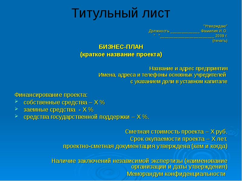 Краткое название проекта в бизнес плане пример