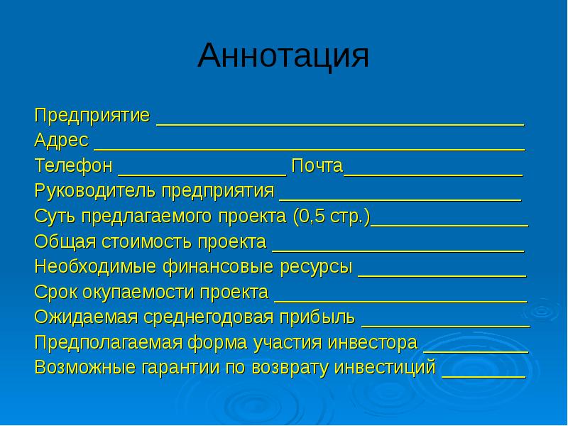 В аннотации бизнес плана дается