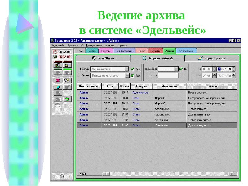 Строка плана. Ведение архива. Информационная система гостиничного комплекса. Эдельвейс PMS. Эдельвейс программа для гостиниц.