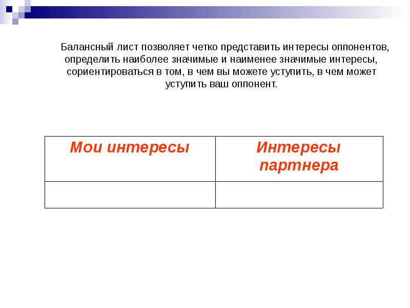 Балансный лист позволяет четко представить интересы оппонентов, определить наиболее значимые и Балансный лист позволяет четко представить интересы оппонентов, определить наиболее значимые и