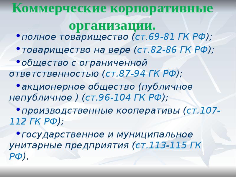 Коммерческие корпоративные организации.
полное товарищество (ст.69-81 ГК РФ);
товарищество Коммерческие корпоративные организации.
полное товарищество (ст.69-81 ГК РФ);
товарищество