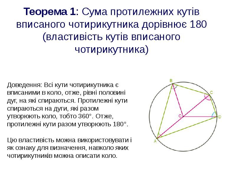 Теорема 1: Сума протилежних кутів вписаного чотирикутника дорівнює 180 (властивість кутів