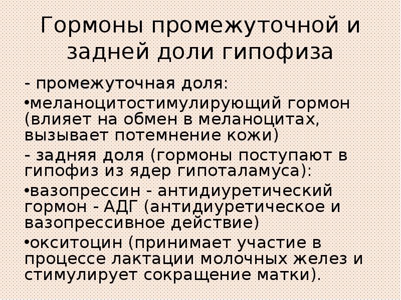 Гормоны промежуточной и задней доли гипофиза
- промежуточная доля:
меланоцитостимулирующий гормон Гормоны промежуточной и задней доли гипофиза
- промежуточная доля:
меланоцитостимулирующий гормон