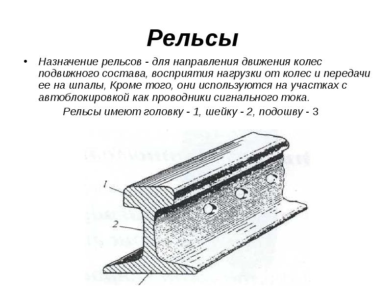 Рельсы
Назначение рельсов - для направления движения колес подвижного состава, Рельсы
Назначение рельсов - для направления движения колес подвижного состава,