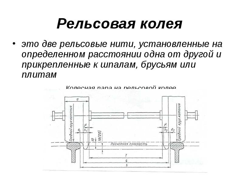 Рельсовая колея
это две рельсовые нити, установленные на определенном расстоянии Рельсовая колея
это две рельсовые нити, установленные на определенном расстоянии