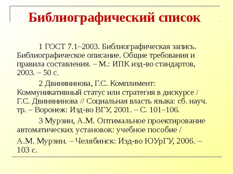 Библиографический список 2003. Библиографический список. Библиография по ГОСТУ. Библиографическое описание стандарта.