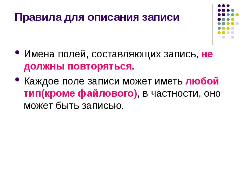 Составляющие поля. Правила запись названия. Служит для записи названий. Как описать запись. Могут ли повторяться имена полей записи наименования типов полей.