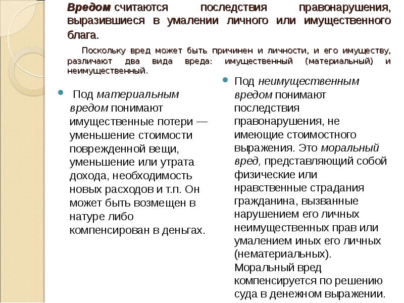 Основание для умаления личности. Виды вреда имущественный моральный. Имущественный вред примеры. Материальный и имущественный вред. Понятие и виды вреда в гражданском праве.