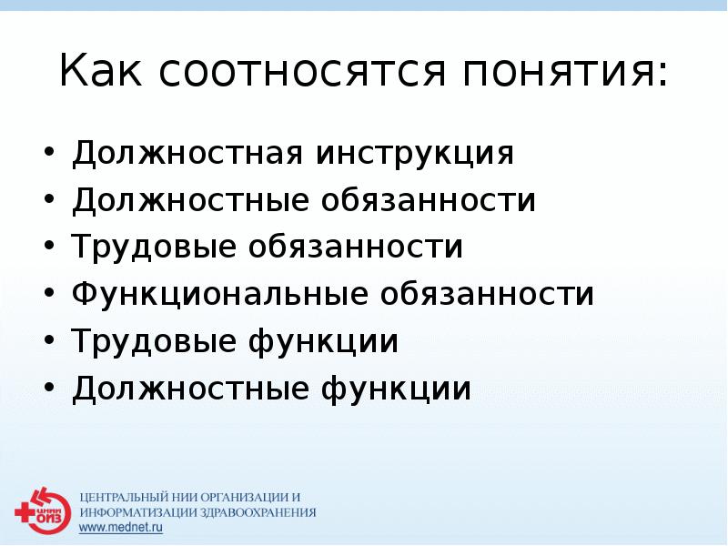 Как соотносятся понятия:
 Должностная инструкция
 Должностные обязанности
 Трудовые обязанности
 Функциональные обязанности
