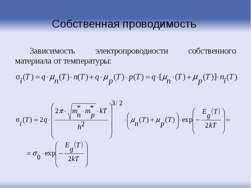 Собственная проводимость
Зависимость электропроводности собственного материала от температуры: Собственная проводимость
Зависимость электропроводности собственного материала от температуры:
